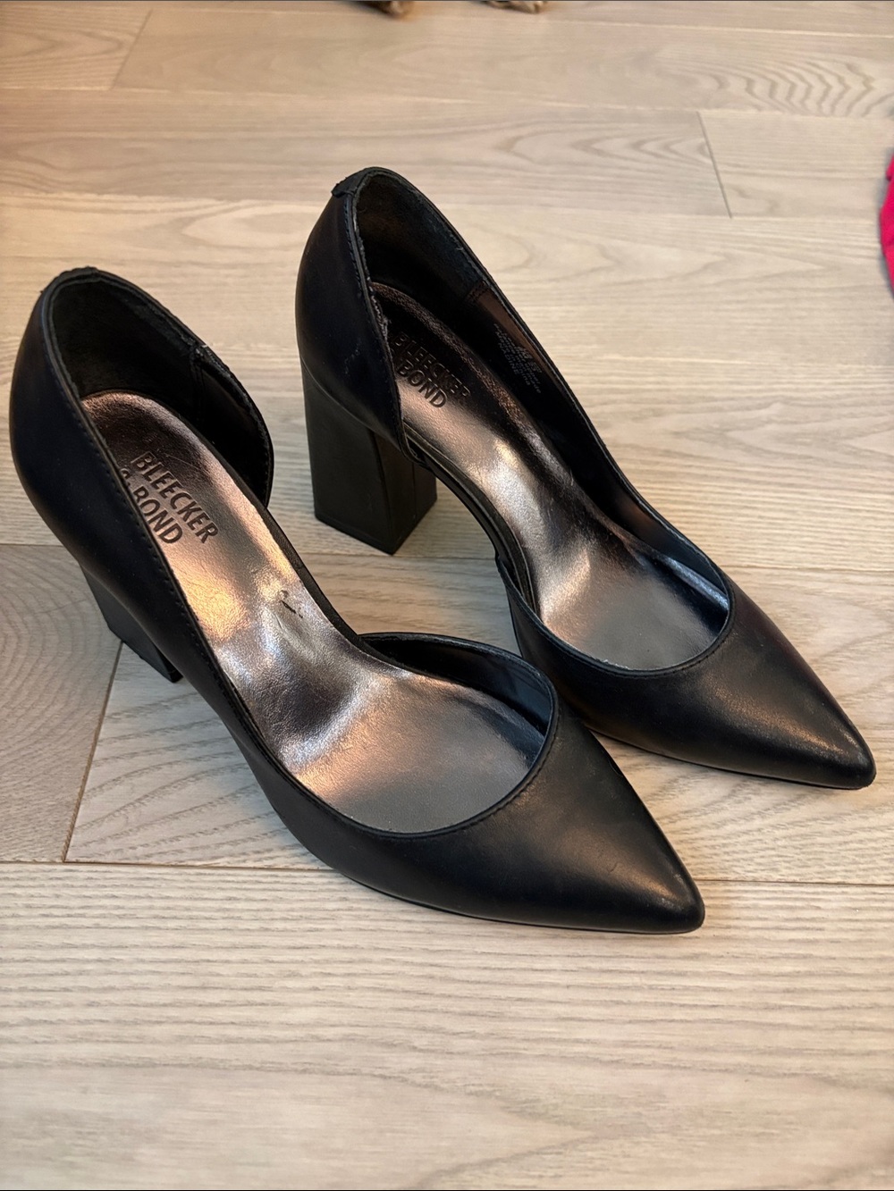 Pointed Black Block Heel Pumps by Flecker & Bond